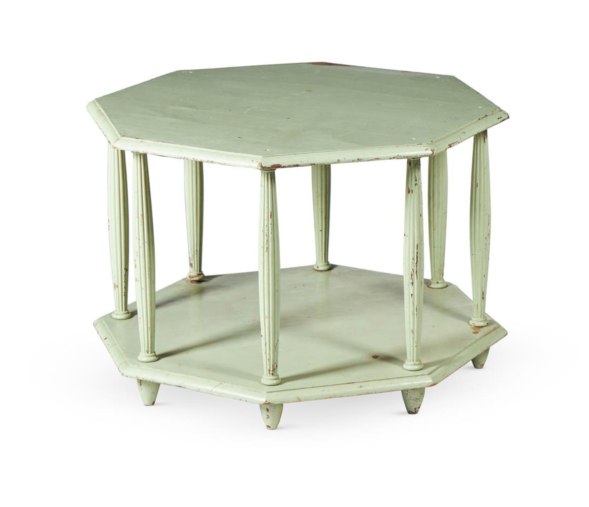 A GREEN PAINTED OCTAGONAL TWO-TIER CENTRE TABLE MID 20TH CENTURY - Image 3 of 4