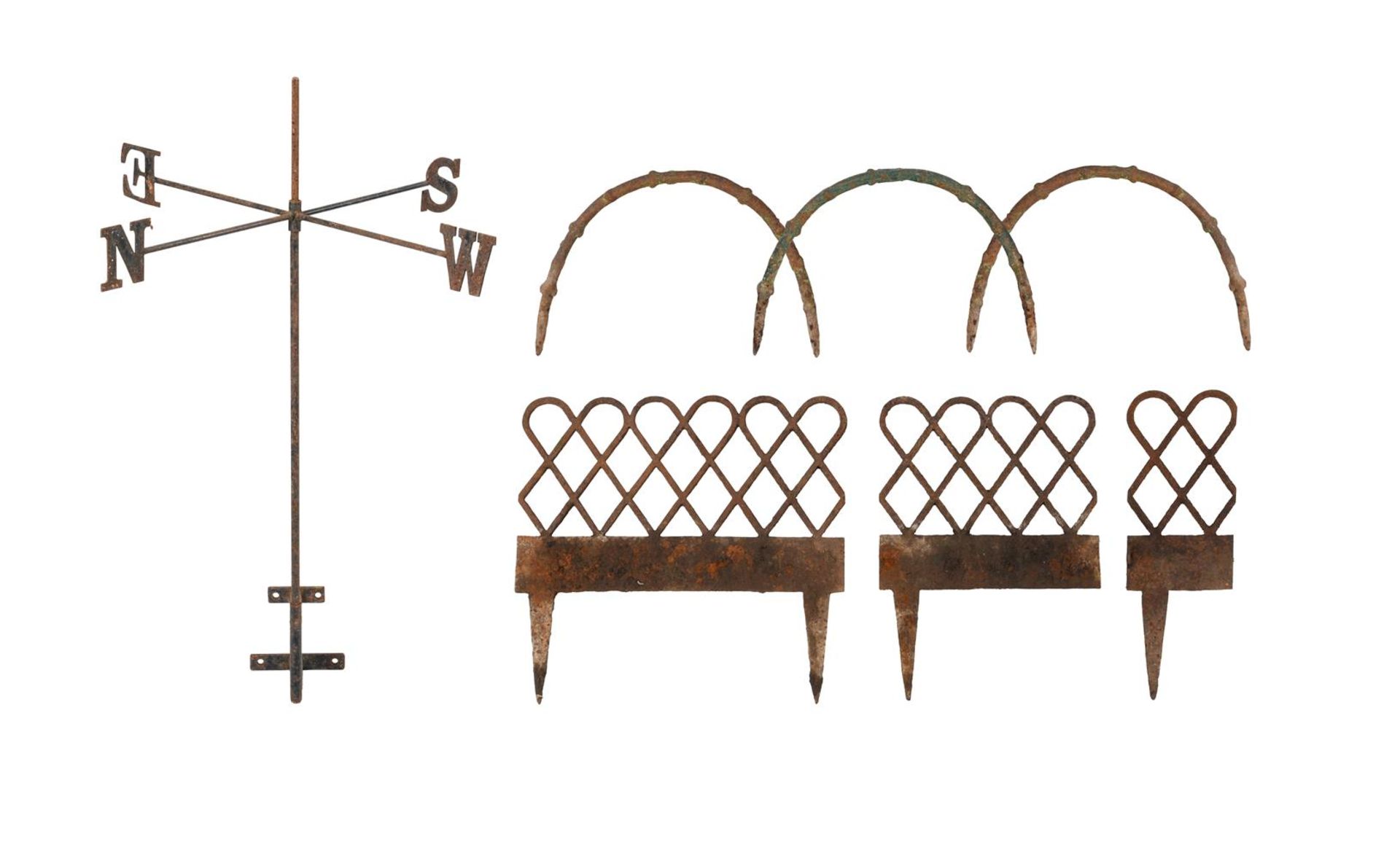 ASSORTED GARDEN METALWORK TO INCLUDE: VICTORIAN LAWN EDGING AND WEATHERVANE