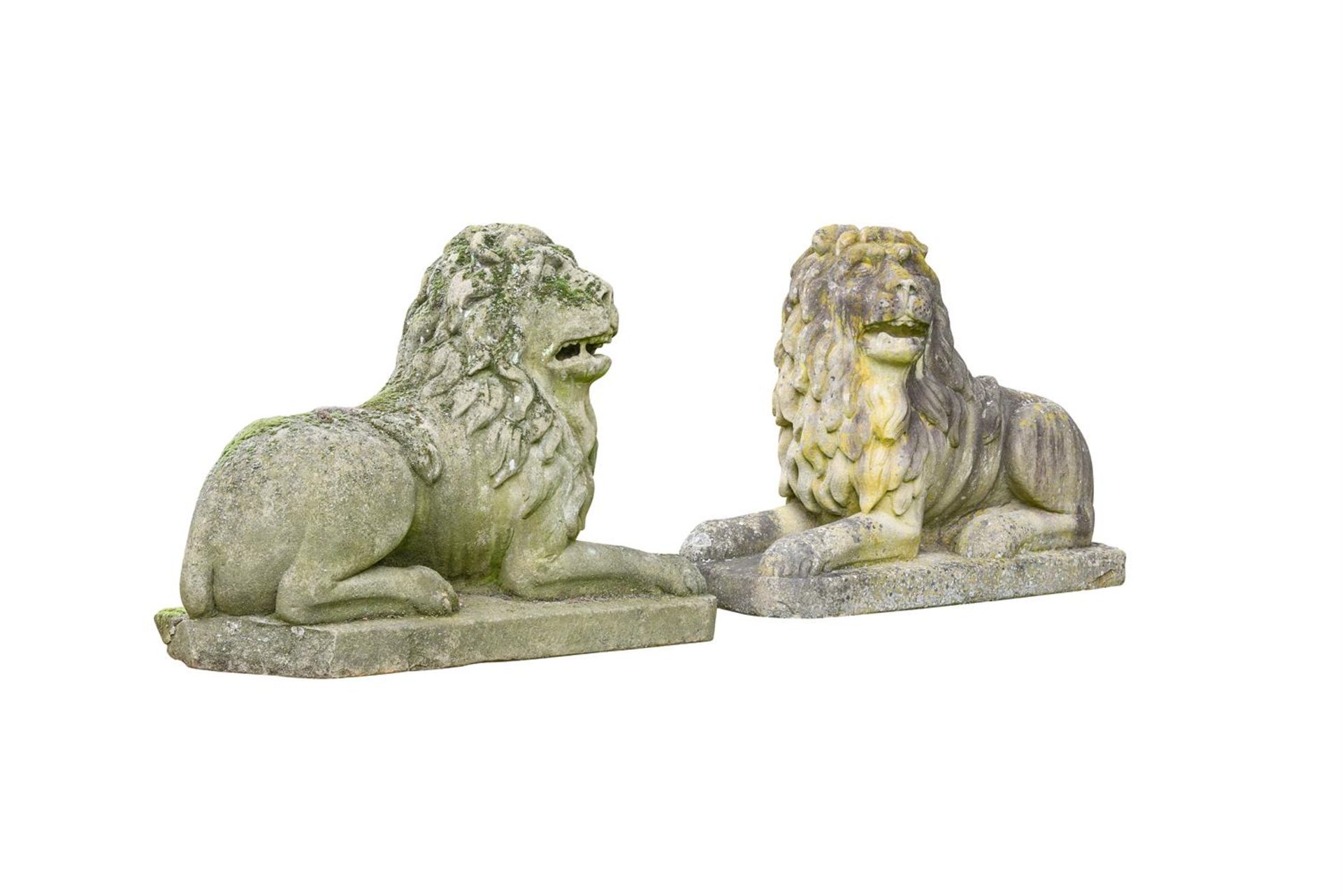 A PAIR OF ITALIAN CARVED STONE RECUMBENT LIONS, LATE 19TH CENTURY - Image 2 of 3