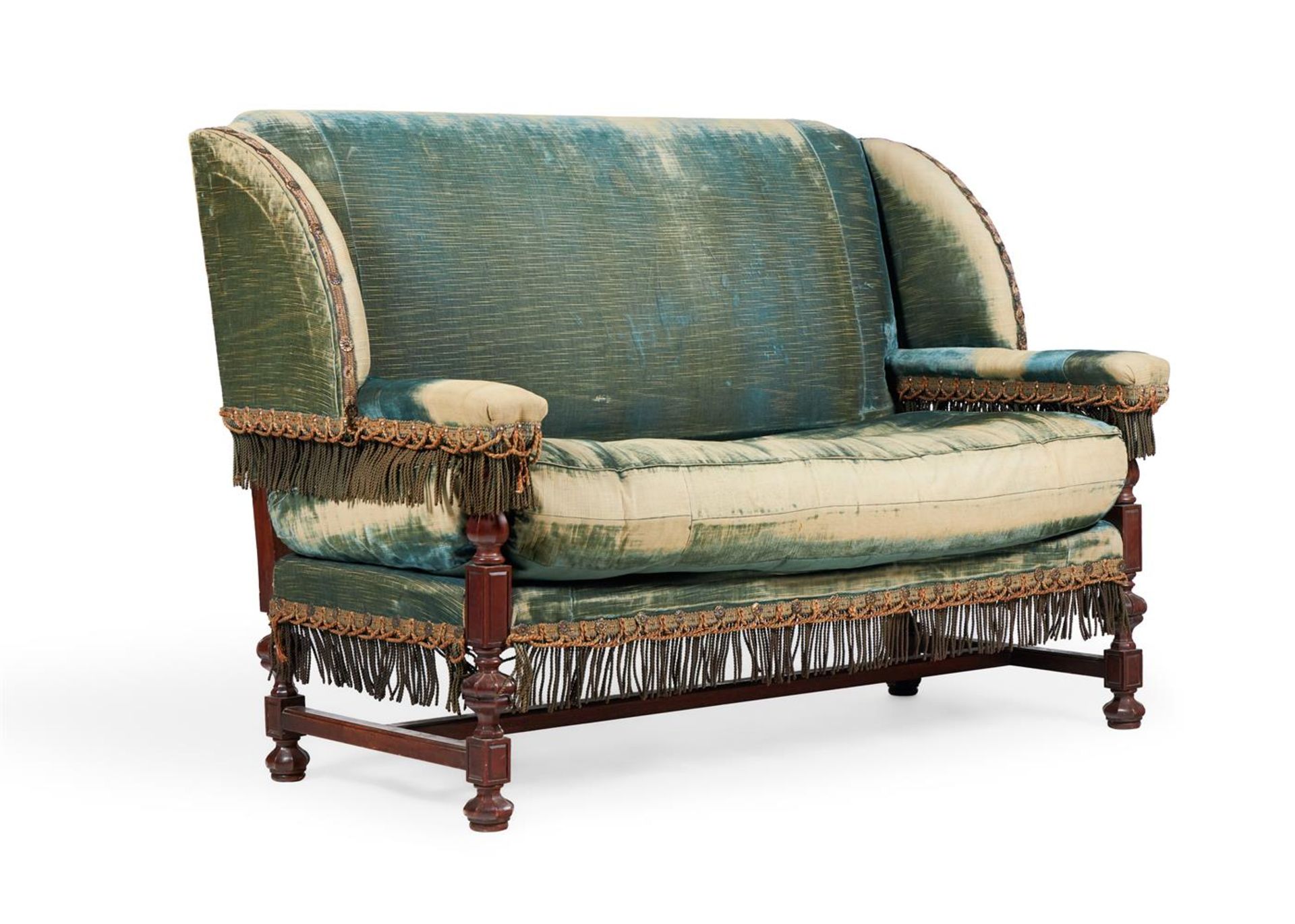 A WALNUT SOFA UPHOLSTERED IN TEAL VELVET IN WILLIAM AND MARY STYLE, EARLY 20TH CENTURY