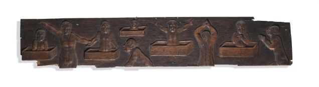 AN OAK PANEL CARVED WITH FIGURES BATHING, 17TH/18TH CENTURY