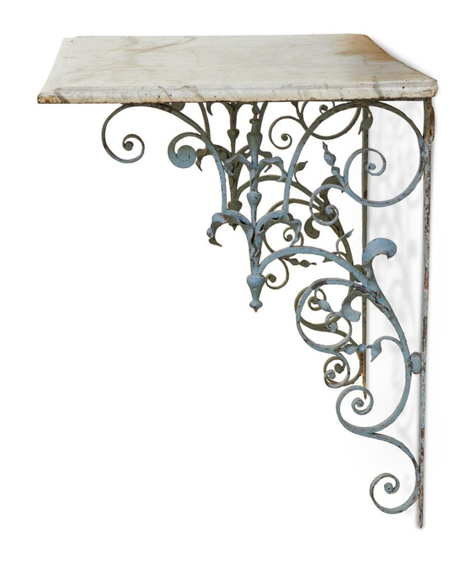 A GREY PAINTED WROUGHT IRON AND MARBLE CONSOLE TABLE, 19TH CENTURY - Image 4 of 5