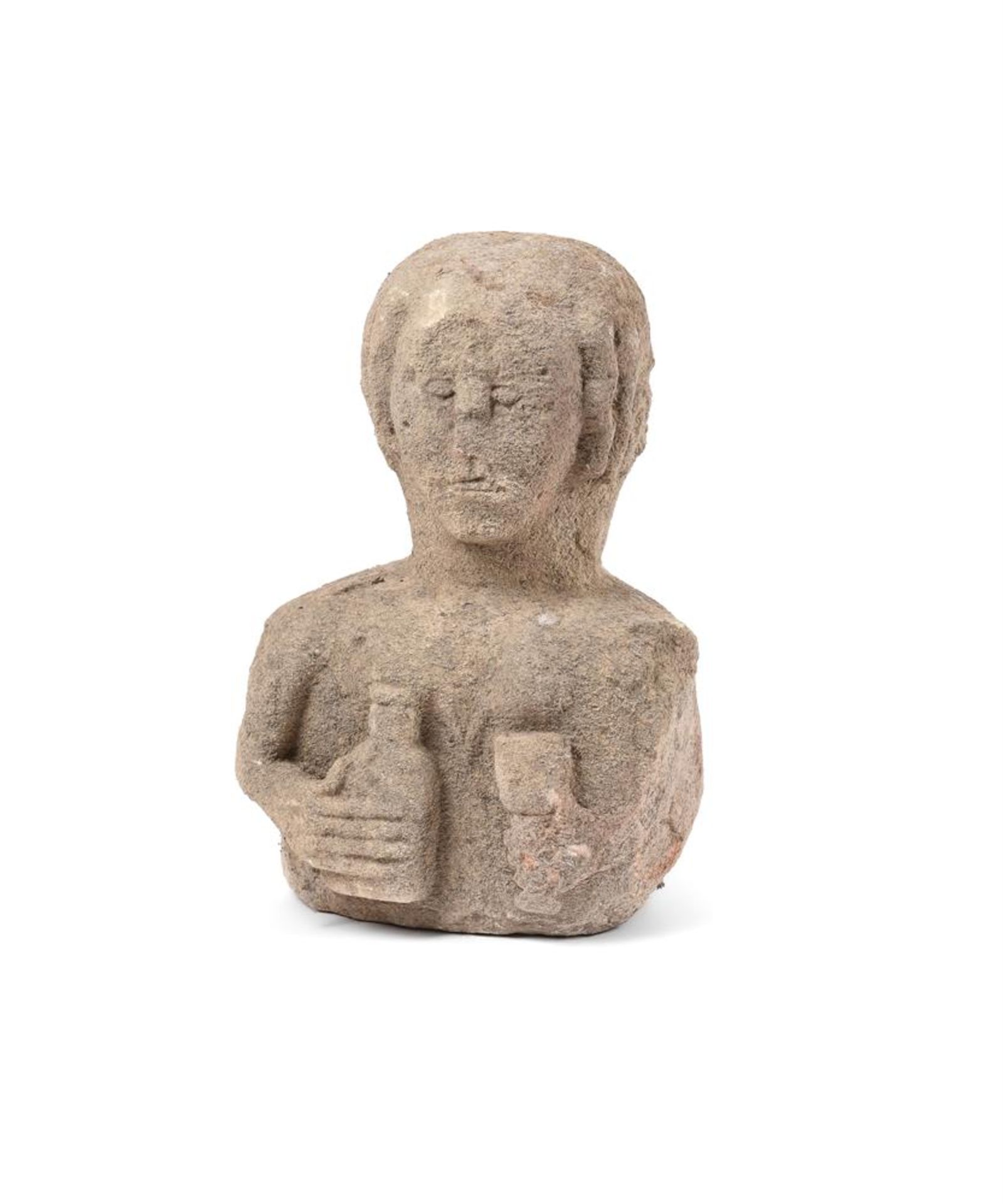 A WEATHERED CARVED STONE HALF LENGTH FIGURE OF A TOPER MAIDEN, PROBABLY 17TH CENTURY OR EARLIER