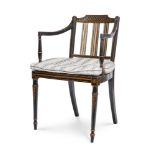 A GEORGE III EBONISED BEECH AND PARCEL GILT PAINTED OPEN ARMCHAIR, LATE 18TH CENTURY