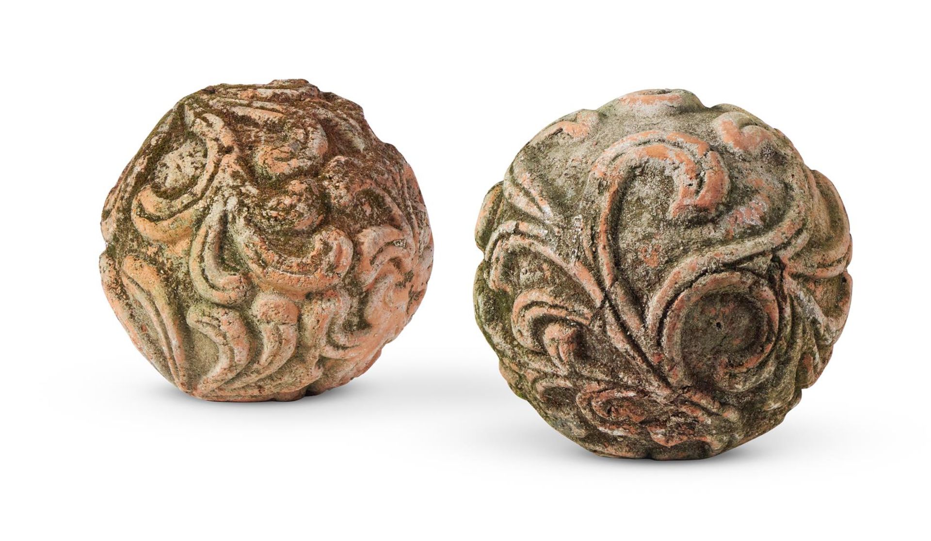 A PAIR OF TERRACOTTA BALL FINIALS, ITALIAN OR FRENCH, PROBABLY 19TH CENTURY