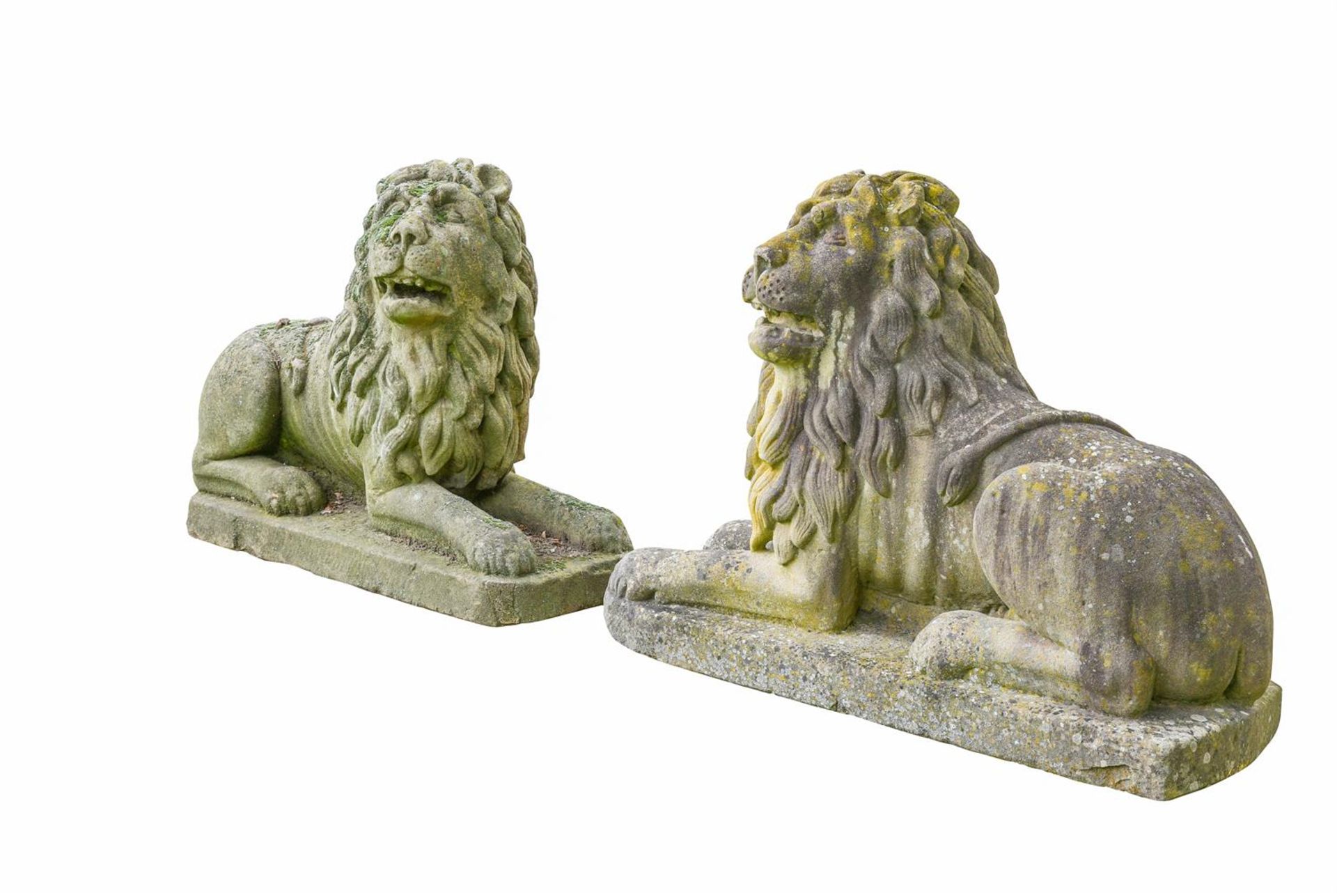 A PAIR OF ITALIAN CARVED STONE RECUMBENT LIONS, LATE 19TH CENTURY - Image 3 of 3
