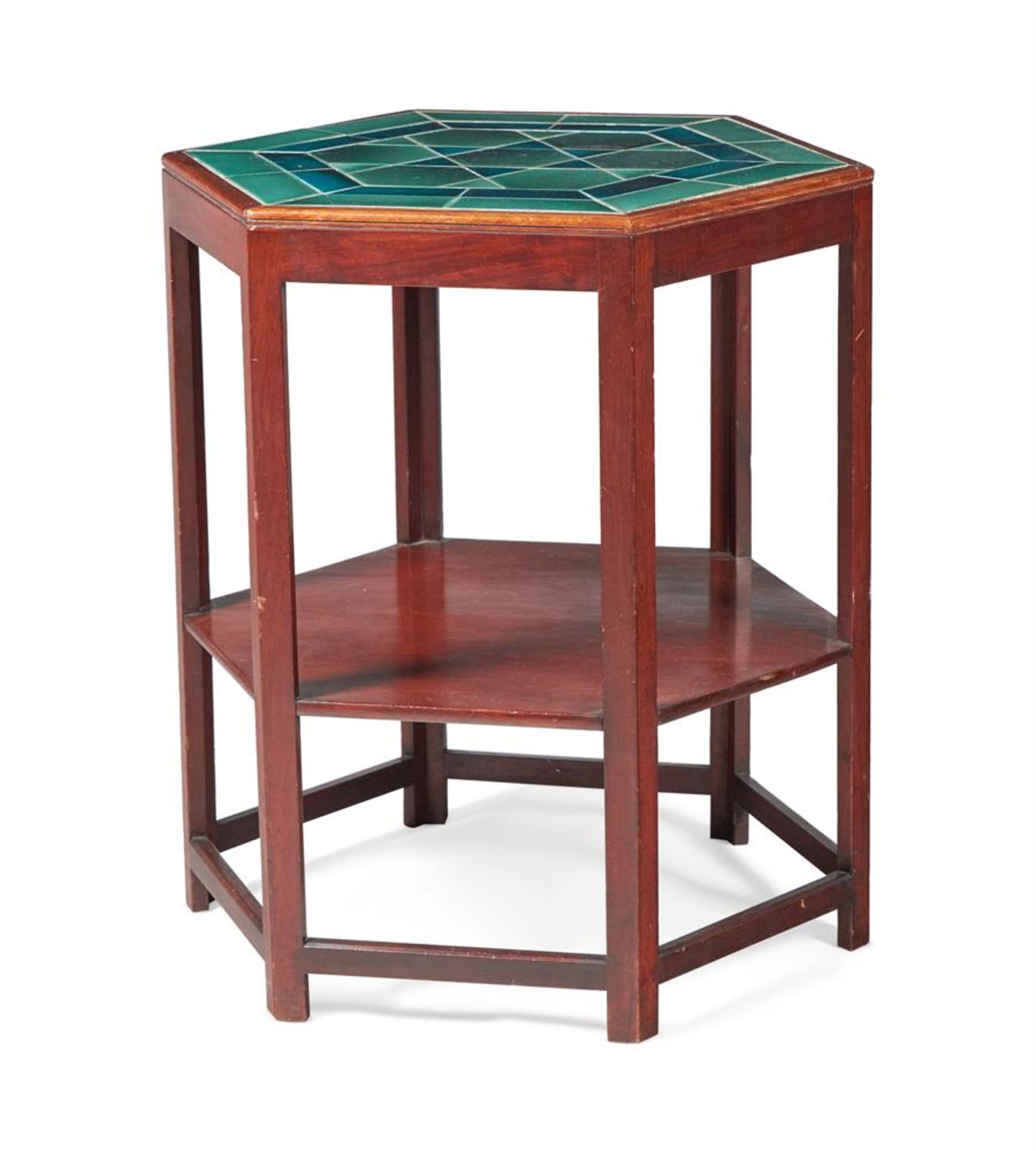 AN ARTS AND CRAFTS MAHOGANY HEXAGONAL TABLE IN THE MANNER OF LIBERTY AND CO., EARLY 20TH CENTURY - Bild 4 aus 4