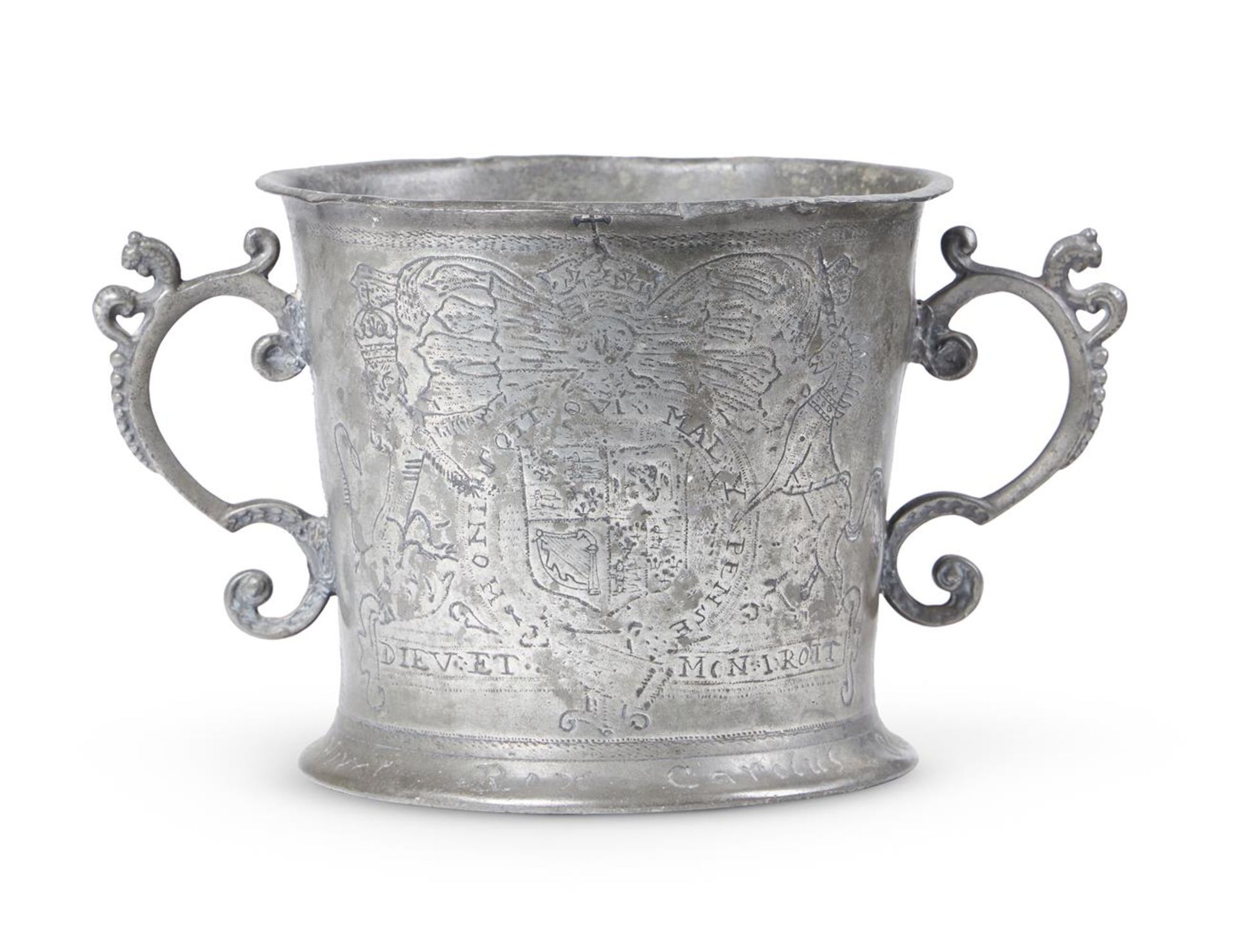 A CHARLES II PEWTER LOVING CUP, DATED 1662