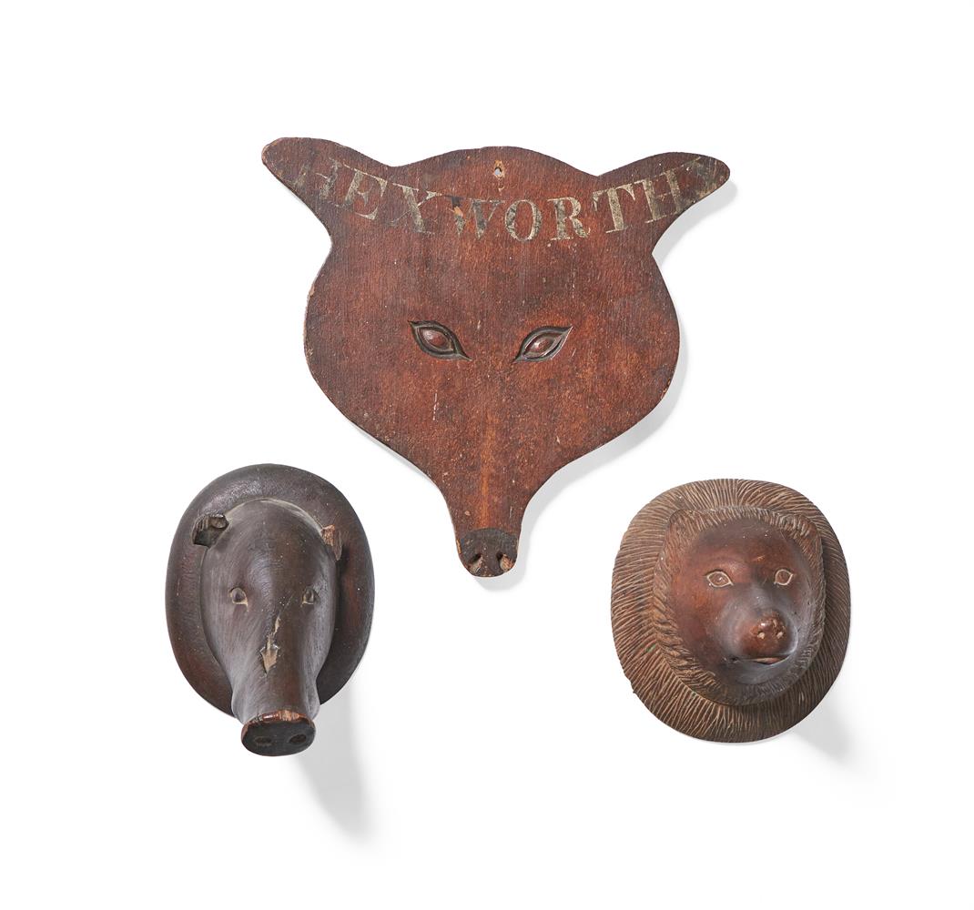 TWO FRENCH CARVED WALNUT GAME TROPHY HEADS, LATE 19TH/EARLY 20TH CENTURY