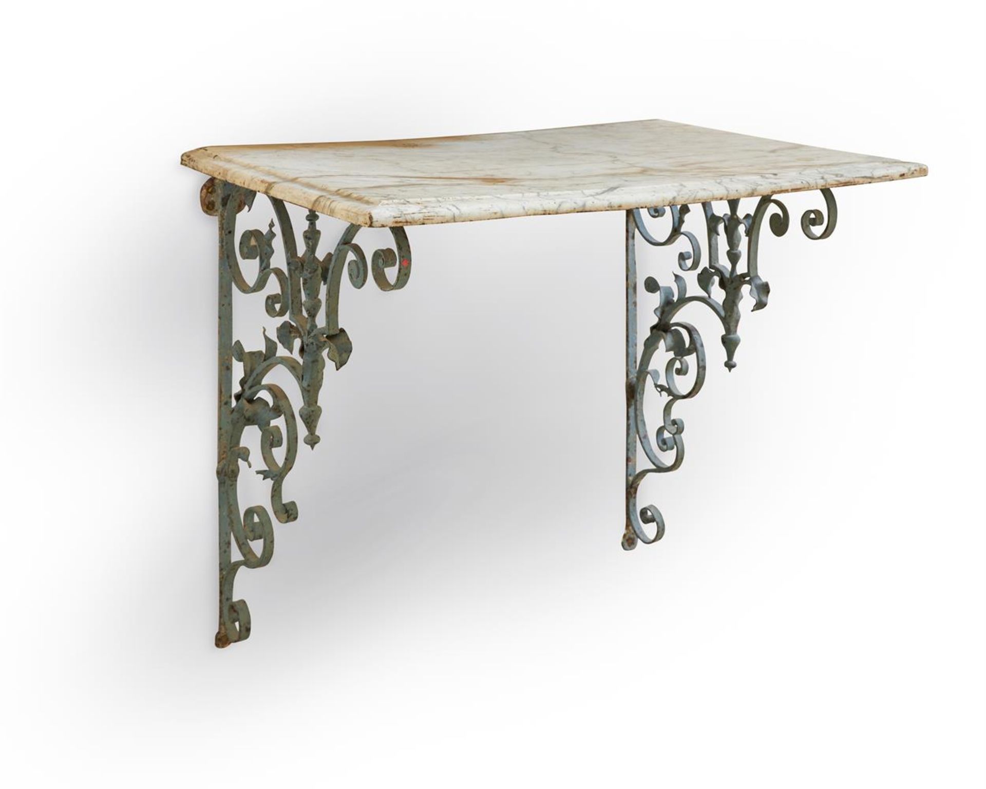A GREY PAINTED WROUGHT IRON AND MARBLE CONSOLE TABLE, 19TH CENTURY - Image 3 of 5