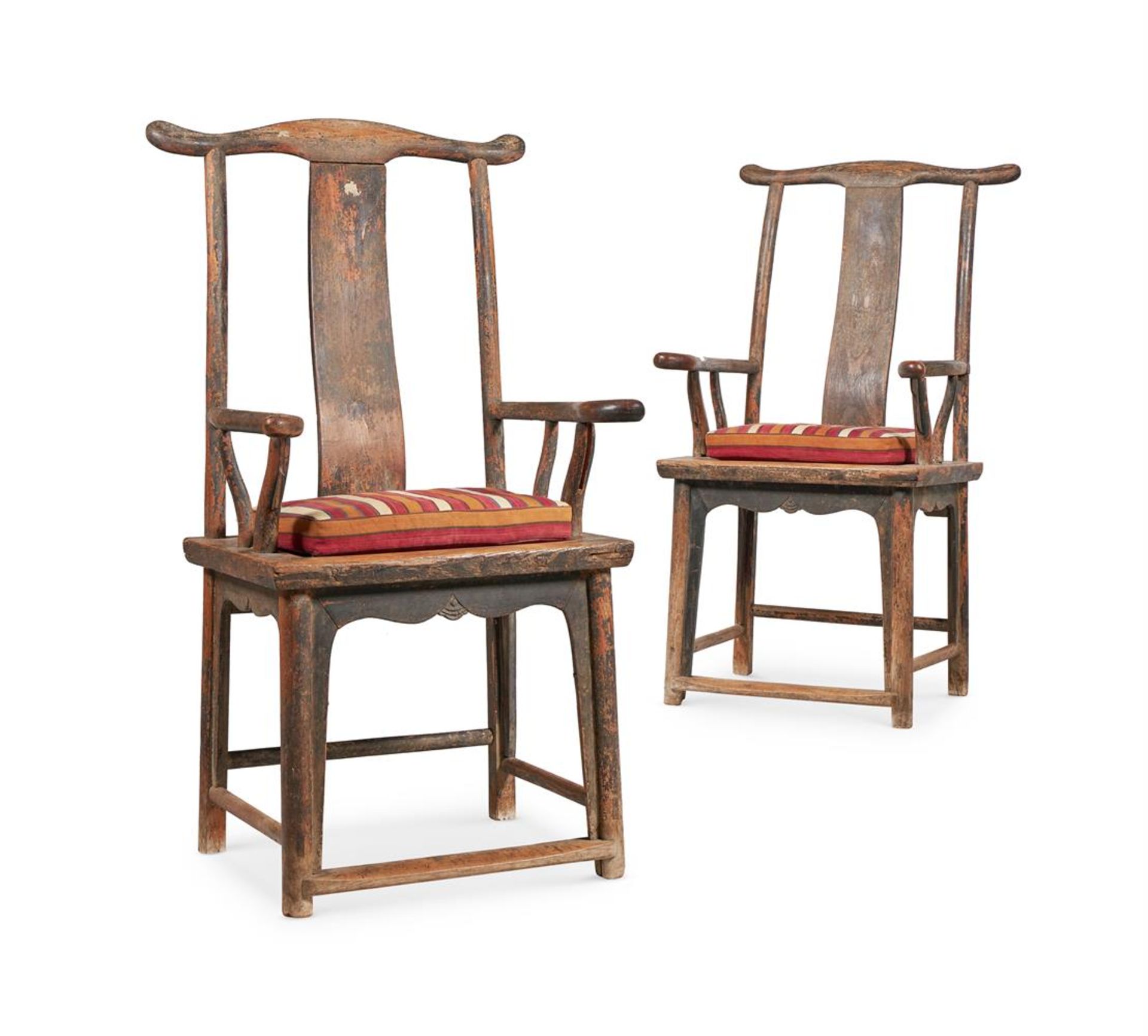 A PAIR OF CHINESE PAINTED ELM ARMCHAIRS, 18TH CENTURY