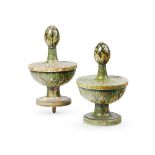 A PAIR OF GEORGE III TURNED AND FLORAL PAINTED WOOD FINIALS, CIRCA 1770