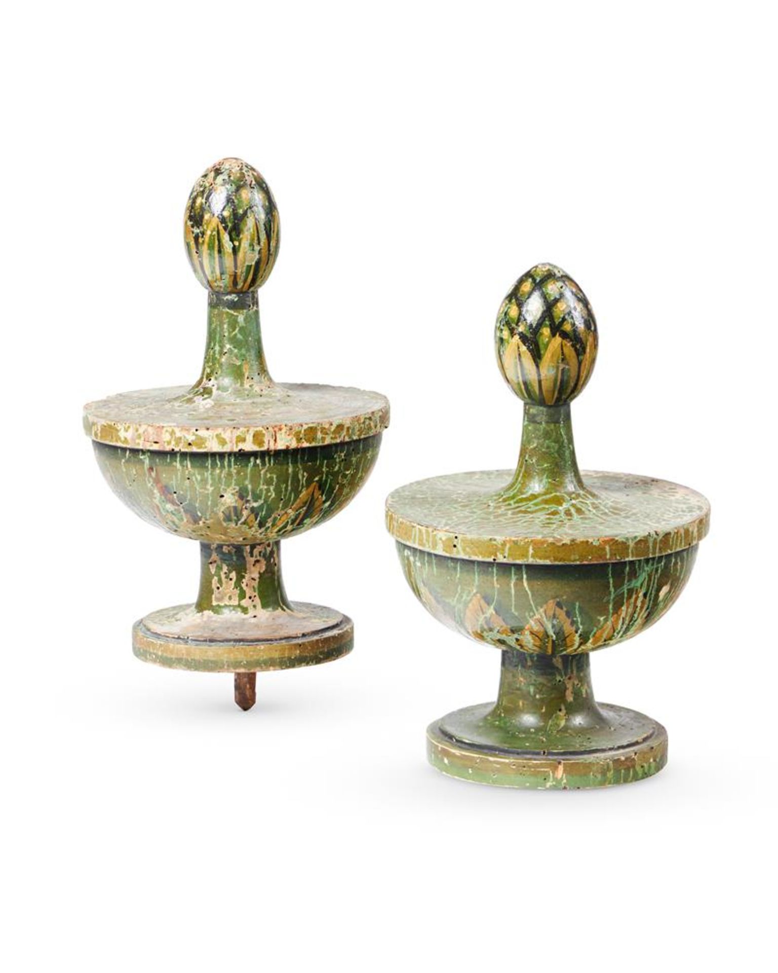 A PAIR OF GEORGE III TURNED AND FLORAL PAINTED WOOD FINIALS, CIRCA 1770