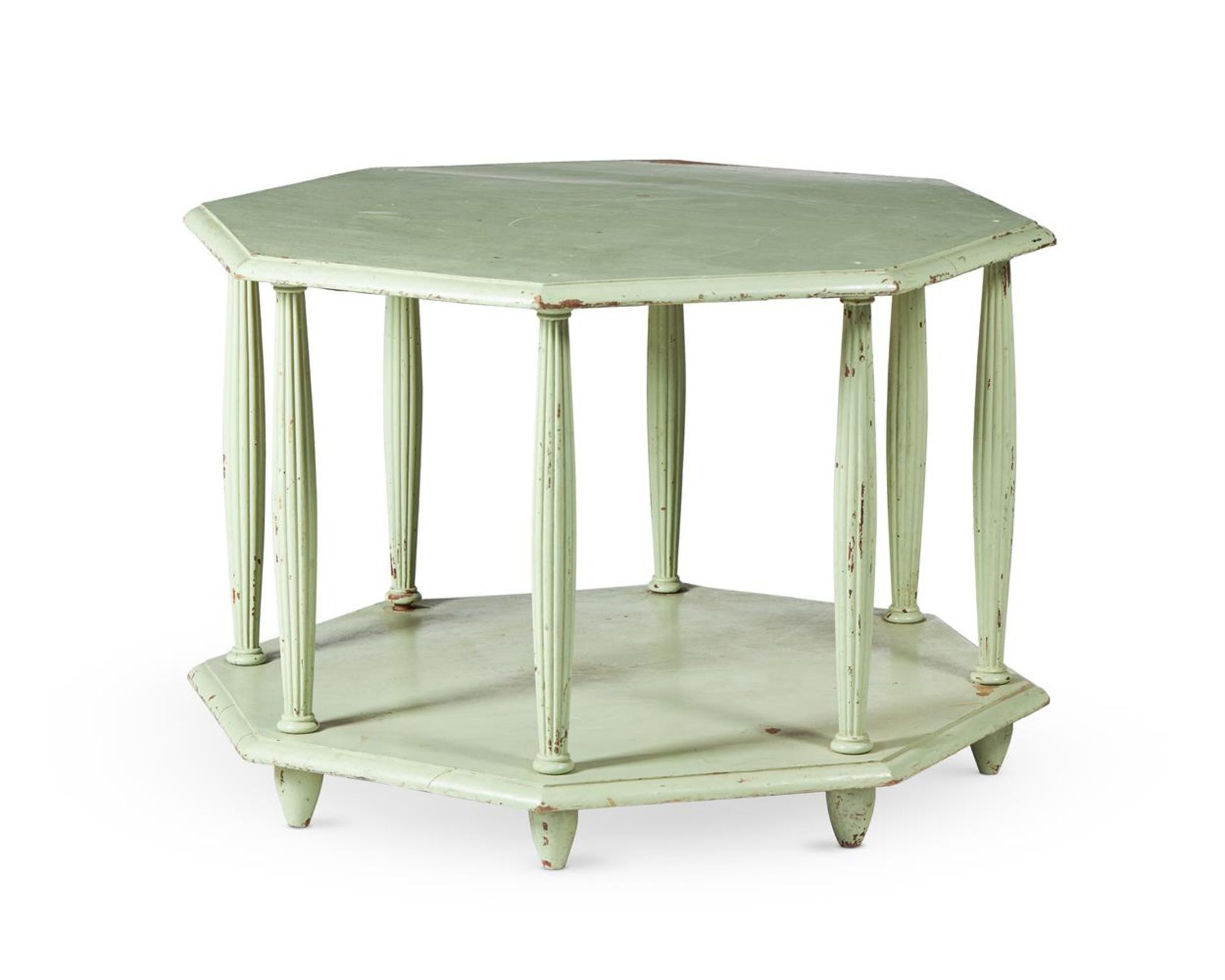 A GREEN PAINTED OCTAGONAL TWO-TIER CENTRE TABLE MID 20TH CENTURY