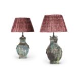 TWO CHINESE ARCHAIC STYLE BRONZE VASE TABLE LAMPS, 20TH CENTURY