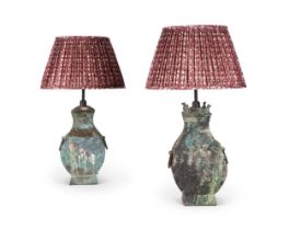 TWO CHINESE ARCHAIC STYLE BRONZE VASE TABLE LAMPS, 20TH CENTURY