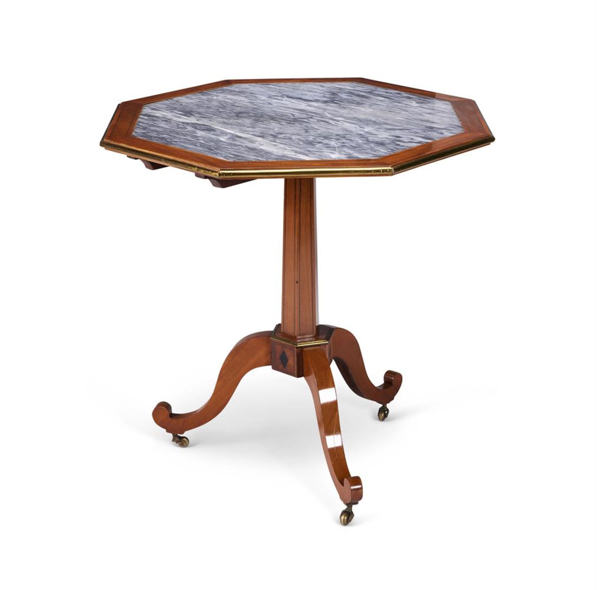 A DIRECTOIRE WALNUT, BRASS MOUNTED AND MARBLE TILT TOP TABLE, CIRCA 1800
