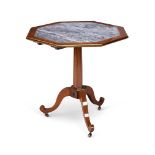 A DIRECTOIRE WALNUT, BRASS MOUNTED AND MARBLE TILT TOP TABLE, CIRCA 1800