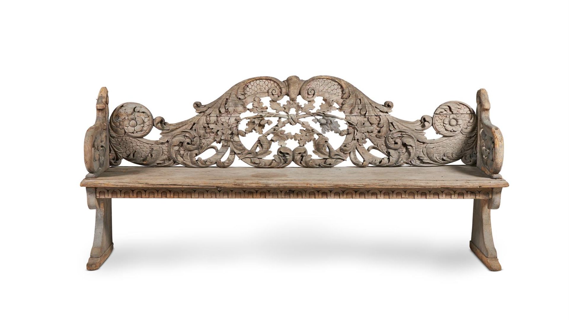 A FLEMISH CARVED PINE BENCH, LATE 17TH CENTURY