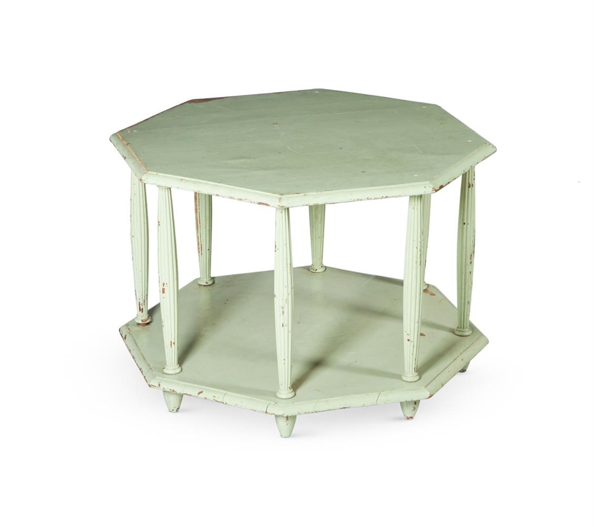 A GREEN PAINTED OCTAGONAL TWO-TIER CENTRE TABLE MID 20TH CENTURY - Image 4 of 4