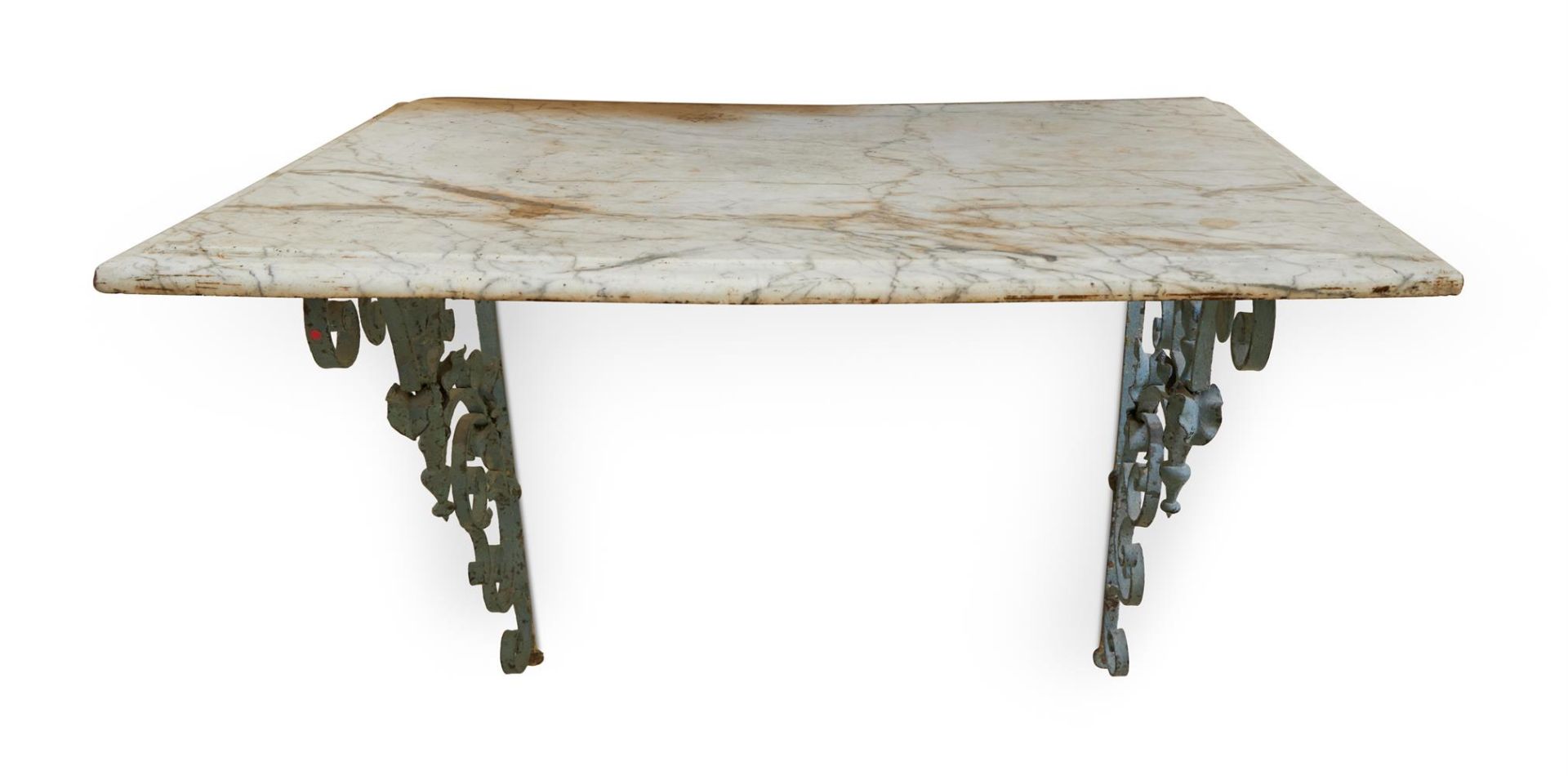 A GREY PAINTED WROUGHT IRON AND MARBLE CONSOLE TABLE, 19TH CENTURY - Image 5 of 5