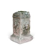 A WEATHERED CARVED RED SANDSTONE PEDESTAL FRENCH OR ITALIAN, POSSIBLY 18TH CENTURY