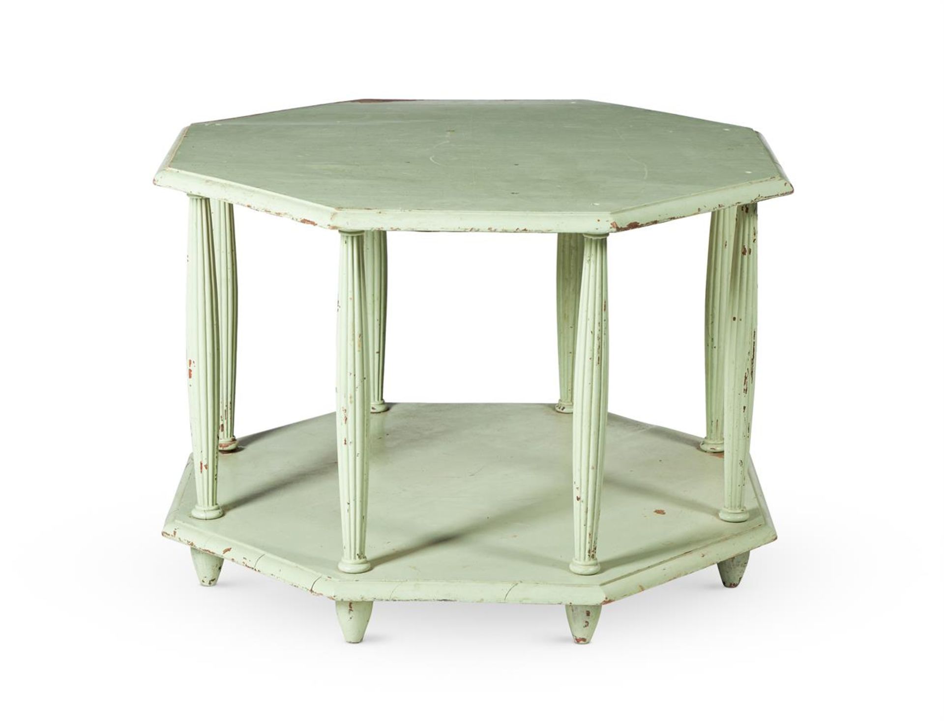 A GREEN PAINTED OCTAGONAL TWO-TIER CENTRE TABLE MID 20TH CENTURY - Image 2 of 4