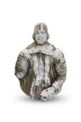 A WEATHERED CARVED STONE HALF LENGTH MEMORIAL PORTRAIT OF A GENTLEMAN, 17TH CENTURY
