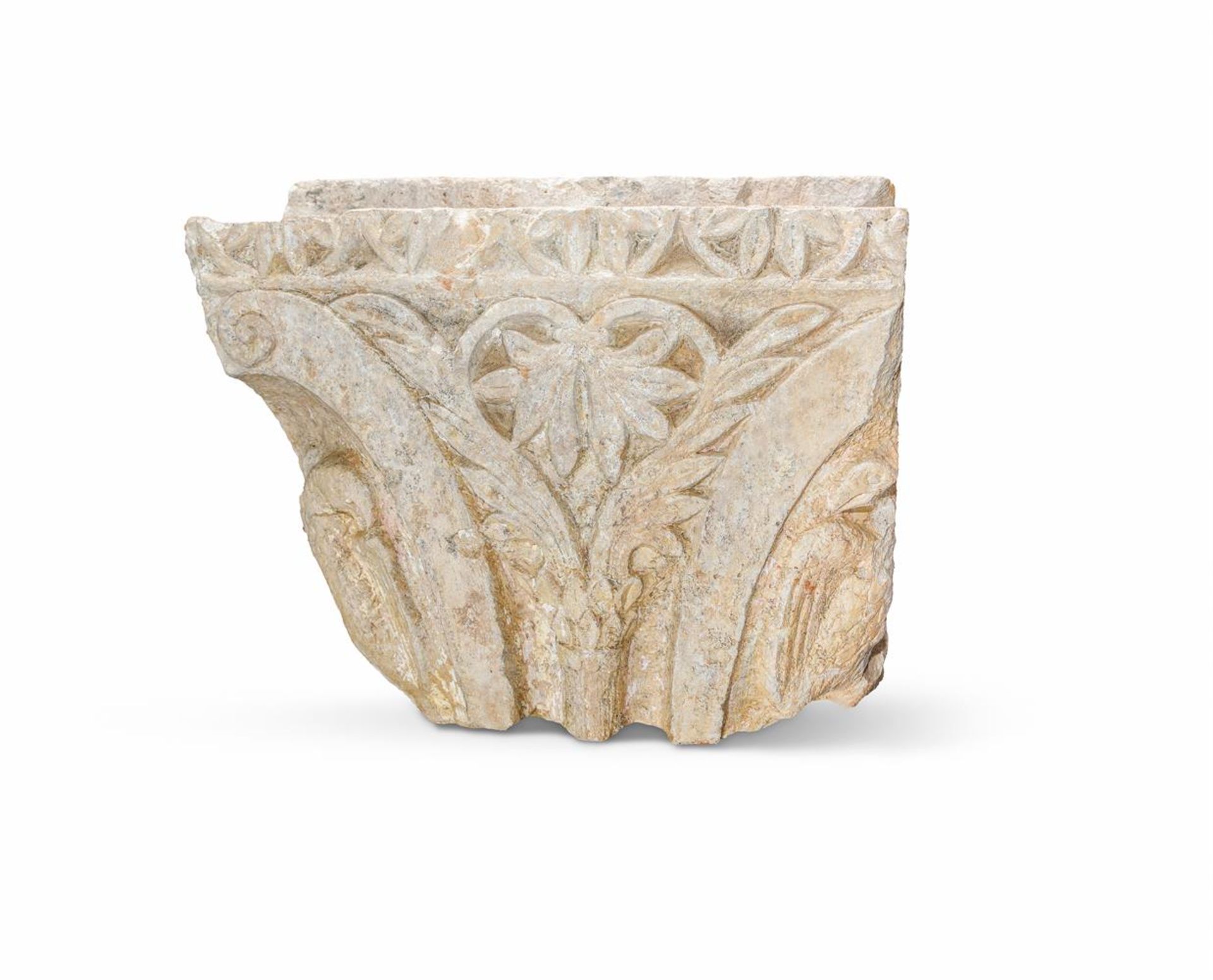 A ROMANESQUE CARVED CORNER CAPITAL IN THE 13TH CENTURY MANNER