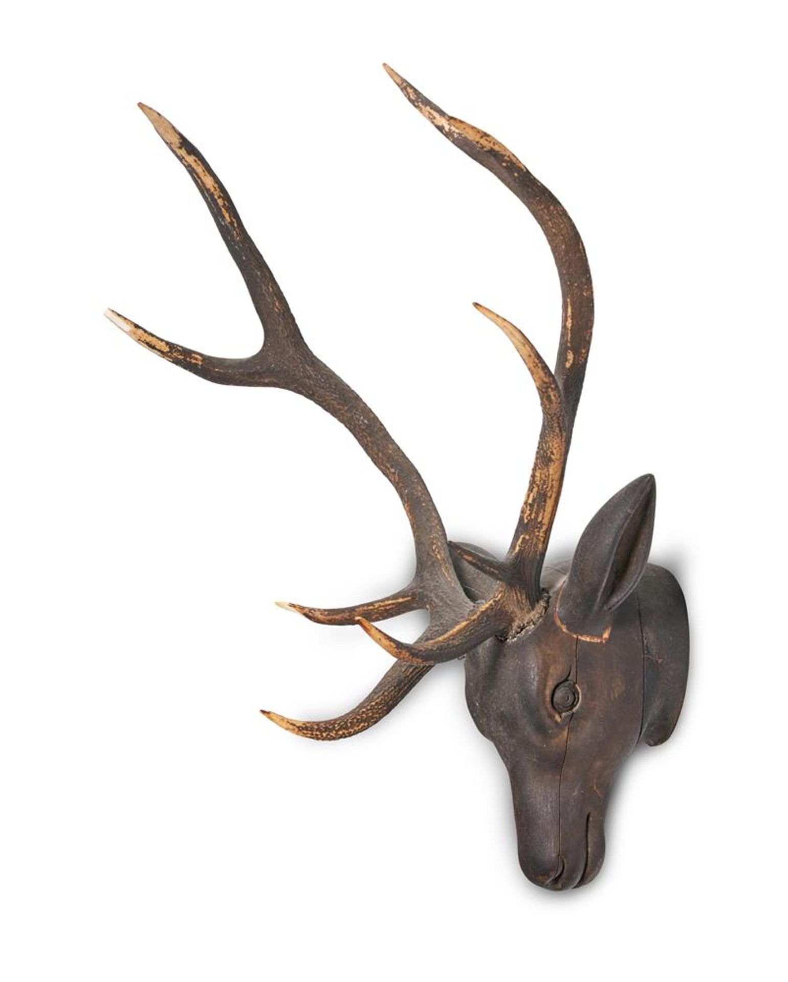 A CARVED WOOD AND ANTLER MOUNTED HUNTING TROPHY, LATE 19TH CENTURY