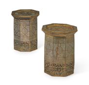 Y A PAIR OF EGYPTIAN BRASS OCTAGONAL OCCASIONAL TABLES, 20TH CENTURY