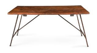 A WALNUT AND WROUGHT IRON TRESTLE TABLE, 19TH CENTURY
