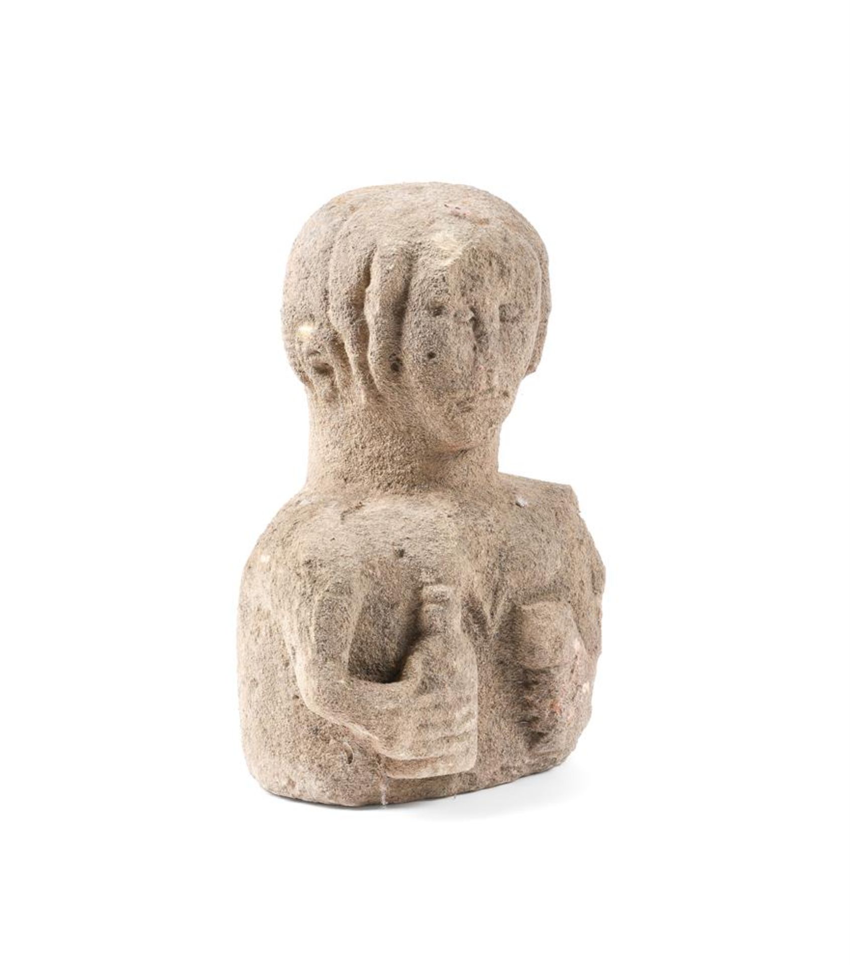 A WEATHERED CARVED STONE HALF LENGTH FIGURE OF A TOPER MAIDEN, PROBABLY 17TH CENTURY OR EARLIER - Bild 2 aus 5