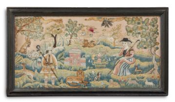 A QUEEN ANNE SILKWORK PANEL, EARLY 18TH CENTURY