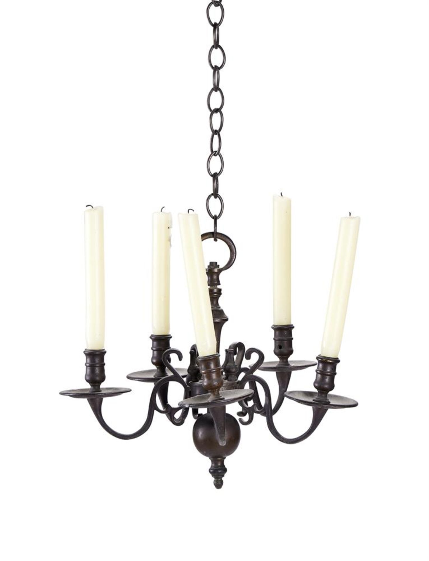 A SMALL DUTCH BRONZE FIVE LIGHT CHANDELIER, 19TH CENTURY - Image 2 of 3