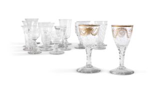 A PAIR OF FACET STEMMED WINE GLASSES, WITH GILT ORNAMENT, CIRCA 1770