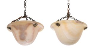 A PAIR OF ALABASTER PENDANT DISH CEILING LIGHTS BY ROBERT KIME LTD