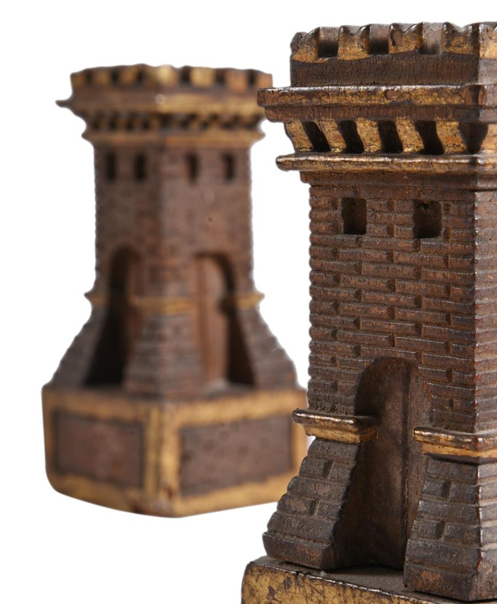 A PAIR OF PARCEL GILT WALNUT MODELS OF CASTELLATED TOWERS, LATE 19TH/EARLY 20TH CENTURY - Image 2 of 2