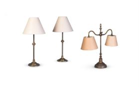 A VICTORIAN BRASS TWIN LIGHT TABLE LAMP, CIRCA 1890 AND LATER