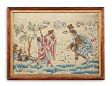 A SILKWORK PICTURE DEPICTING ELIEZER MEETING REBECCA, POSSIBLY CHINESE, 18TH CENTURY