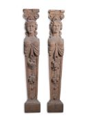 A PAIR OF CARVED OAK HERM PILASTERS, 19TH CENTURY IN THE LATE 17TH CENTURY