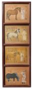 CHINESE SCHOOL, FOUR SILK PICTURES OF GENTLEMEN AND THEIR HORSES, 20TH CENTURY