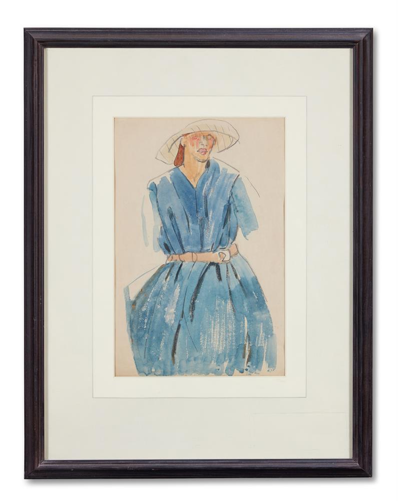 λ EDNA CLARKE HALL (BRITISH 1879-1979), FIGURE IN A BLUE DRESS AND SUN HAT