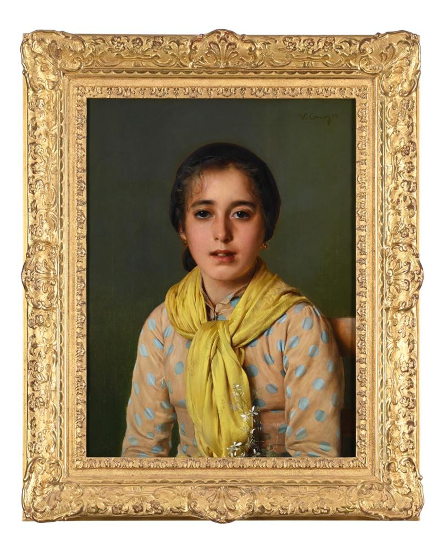 VITTORIO MATTEO CORCOS (ITALIAN 1859 - 1933), PORTRAIT OF A GIRL IN A YELLOW SHAWL - Image 2 of 3