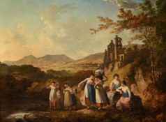 JULIUS CAESAR IBBETSON (BRITISH 1759 - 1817), ROSLYN CASTLE WITH FIGURES IN THE FOREGROUND
