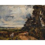FOLLOWER OF JOHN CONSTABLE, COUNTRY ROAD WITH FIGURES UNDER A WINDSWEPT SKY