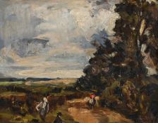 FOLLOWER OF JOHN CONSTABLE, COUNTRY ROAD WITH FIGURES UNDER A WINDSWEPT SKY