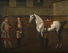 ENGLISH SCHOOL (CIRCA 1750), A GREY THOROUGHBRED WITH TWO GENTLEMEN IN AN INDOOR RIDING SCHOOL