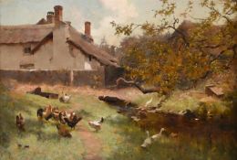 FREDERICK HALL (1860 - 1948), HENS AND GEESE OUTSIDE A HOUSE
