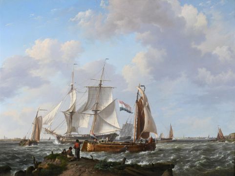 JOHANNES HERMANUS KOEKKOEK (DUTCH 1771 - 1851), SHIPS IN A SQUALL WITH FIGURES ON SHORE